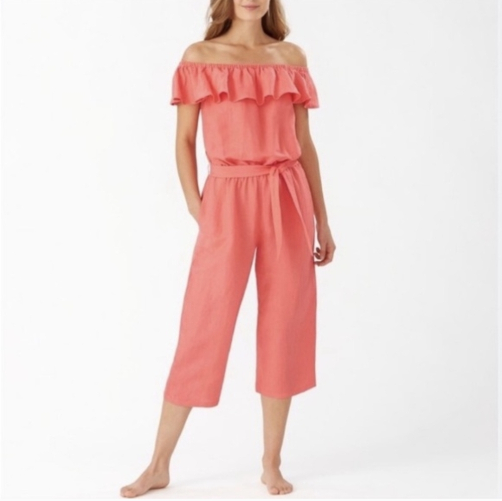 Tommy Bahama Off-Shoulder Ruffle Wide-Leg Jumpsuit in Coral